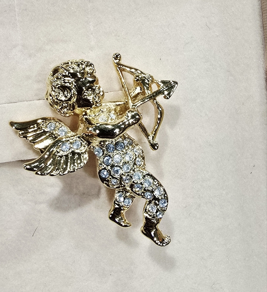 Kirks Folly Valentines Cupid Angel Pin Rhinestone Brooch Original Box